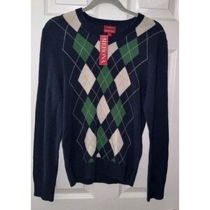 100% Merino Wool Mens S Sweater Merona Navy Blue Green Argyle Diamond Fitted NWT
